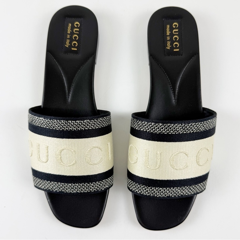 Gucci Logo Slide Sandals Womens EU 39.5 9.5 Black White Canvas Embroidered NEW